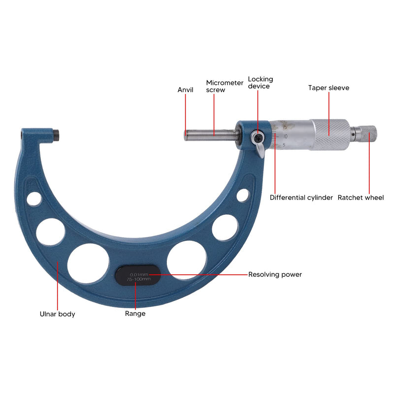 [Australia - AusPower] - Professional Premium External Micrometer Precision Tool for Machinists, 75-100 mm Measuring Range, 0.01 mm Pitch, Micrometer Stable Alloy Surface, Accurate Measurement 