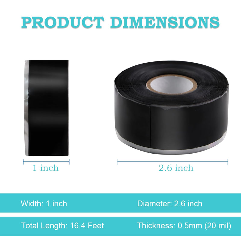 Self Fusing Silicone Tape 1 in x 16.4' Black Waterproof Rubber Leak Proof Sealing Silicone Rubber Self-amalgamating Tape for Emergency Hot and Cold Water Pipe Repairs and Tool Fixation 1 Roll - 16.4 ft - Black - 20 mil Thickness