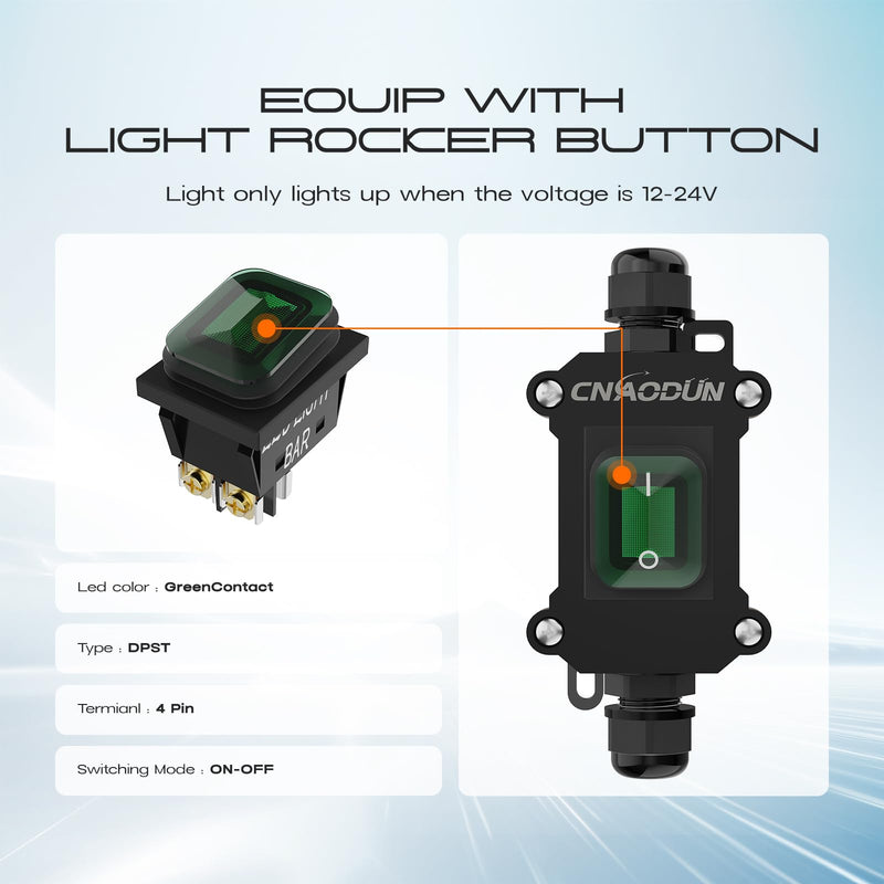 [Australia - AusPower] - Waterproof Inline Cord Switch, CNAODUN 12V DC 20A On Off Toggle Switch with Green Light Rocker Button DPST Double Outlet Outdoor IP66 DC 12-24V A-Green 
