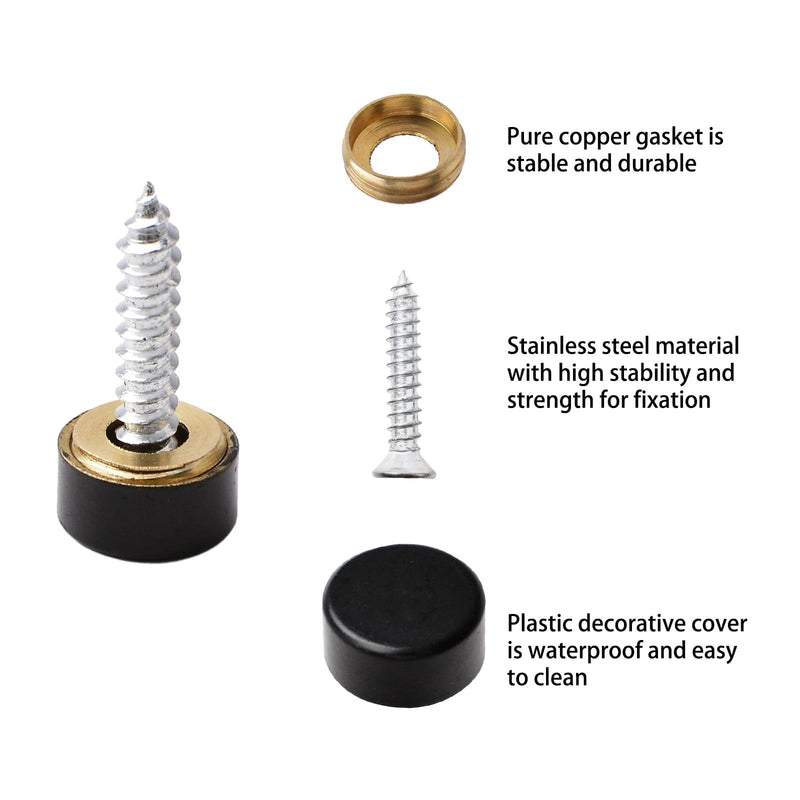 [Australia - AusPower] - INCREWAY Pure Copper Mirror Screws Black 20Sets 10MM Simplicity Mirror Nails Decorative Cap Covers Mirror Screws Caps 