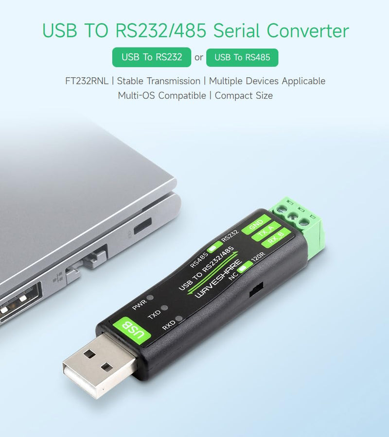 [Australia - AusPower] - Waveshare USB to RS232/485 Serial Converter, Onboard Original FT232RNL Chip, Features More Stable Transmission, Suitable for Multiple Devices, Compatible with Mac/Linux/Android/Win11/10/8.1/8/7, etc 