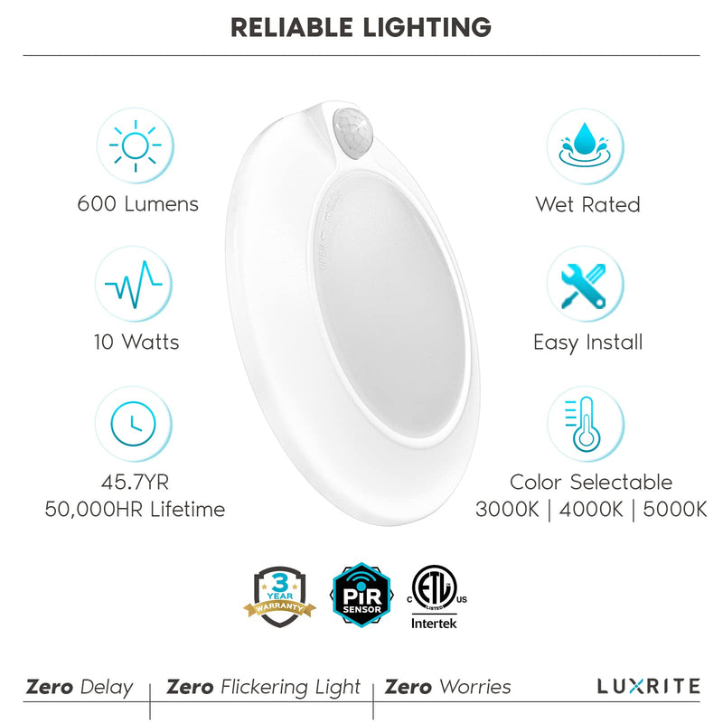 LUXRITE 4 Inch LED Motion Sensor Ceiling Light, 120V, 3 Color Selectable 3000K-5000K, 30s Timeout, 10W, 600 Lumens, Wet Rated, Automatic Flush Mount Light Fixture - Closet, Entryway, Hallway