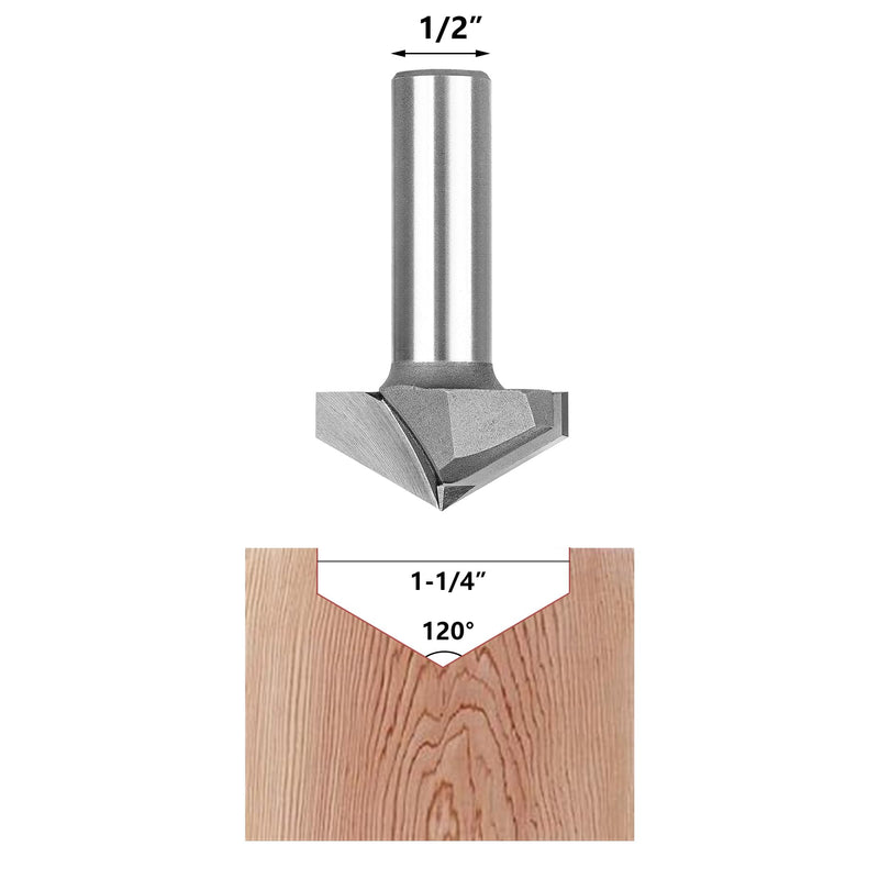 SpeTool 120 Degree V Groove Router Bit 1/2 Inch Shank 1-1/4 Inch Cutting Diameter, Carbide Tip CNC V Bit for Woodwroking Chamfer Bevel Cutter Engraving Tool 120°-D1/2"