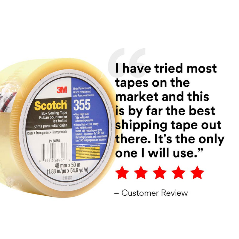 3M Scotch 51115687563 355 Industrial-Grade Packing Tape, Clear, 48 mm x 50 m, High Performance Sealing Tape for Heavy-Duty Commercial Packaging, Shipping, Moving, Carton and Box Sealing, 1 Pack
