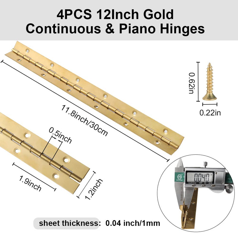 [Australia - AusPower] - 12 Inch Gold Stainless Steel Piano Hinges, 4 Pcs Continuous & Piano Hinge with Holes, Heavy Duty Piano Hinge 0.04" Leaf Thickness, 1.2'' Open Width for Furniture Cabinet Door Wooden Box Woodworking 12 Inch 