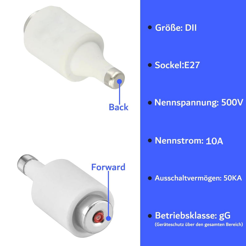 R021 DII E27 Ceramic Fuse Inserts, 10A, 500V, 50kA, gG (Pack of 10) | Diazed Fuse Inserts, 10 Amp Spiral Fuse, for Electrical Appliances in the Home and Industry