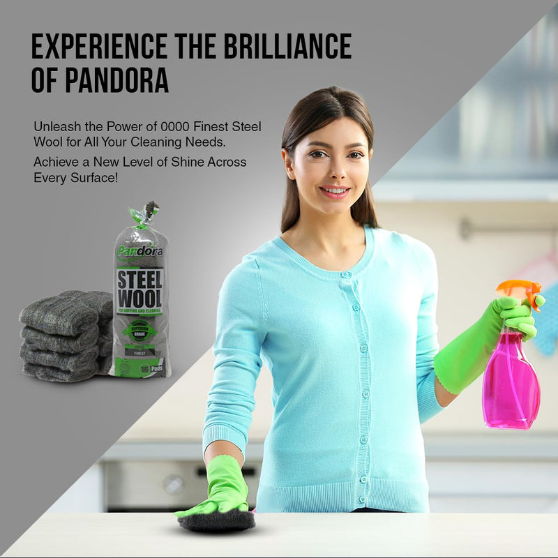 [Australia - AusPower] - Pandora Steel Wool #0000 - Finest Grade, 16 Pads for Buffing and Cleaning - Quality Metal Strands - Ideal for Windows and Furniture #0000 Finest 