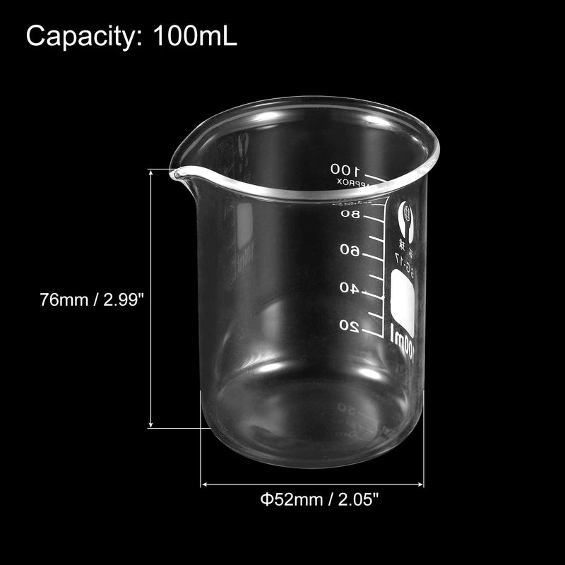 PATIKIL 3Pcs 100ml Low Form Glass Beaker, 3.3 Borosilicate Glass Graduated Printed Scale Measuring Cups with Spout for Kitchen Lab Liquids (Pack of 2) 100ml (Pack of 2)