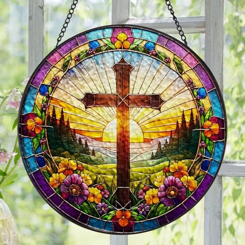 Easter Christian Religious Cross and Floral Design Suncatcher -7.9 in Stained Glass Window Hanging Sun Catcher Garden Decor White