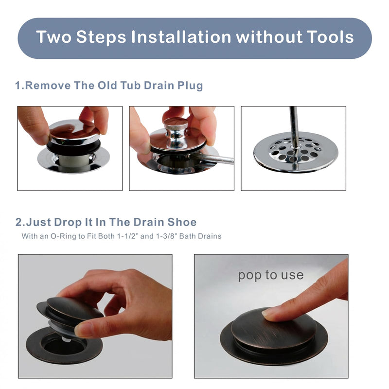 Oil Rubbed Bronze Bathtub Drain Stopper, Hidrop Universal Toe Touch Pop Up Bath Drain, Tip Toe Tub Drain Stopper Conversion Kit, Replaces Lift and Turn, Tip-Toe and Trip Lever Drains, EZ Install (ORB) Oil Rubbed Bronze