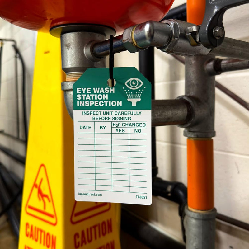 INCOM Manufacturing Inspection Tags, Eye Wash Station Inspection,Heavy-Duty DuraPly™ Stock,Waterproof & Tear-Resistant,Green/Black On White, 5.75 Inch X 3.375 Inch X 10 Mil Thickness, 25 Pack,TG8051PT