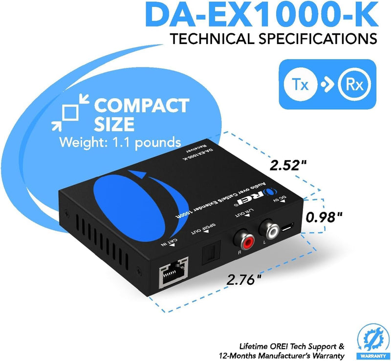 [Australia - AusPower] - OREI Audio Over Cat5e/6 Extender Upto 900 Feet - Extend Digital Optical Coxial Toslink Signal Over LAN Ethernet Power Over Cable for Long Distance Extension Dolby Digital, DTS 4.1, DTS-HD, PCM 