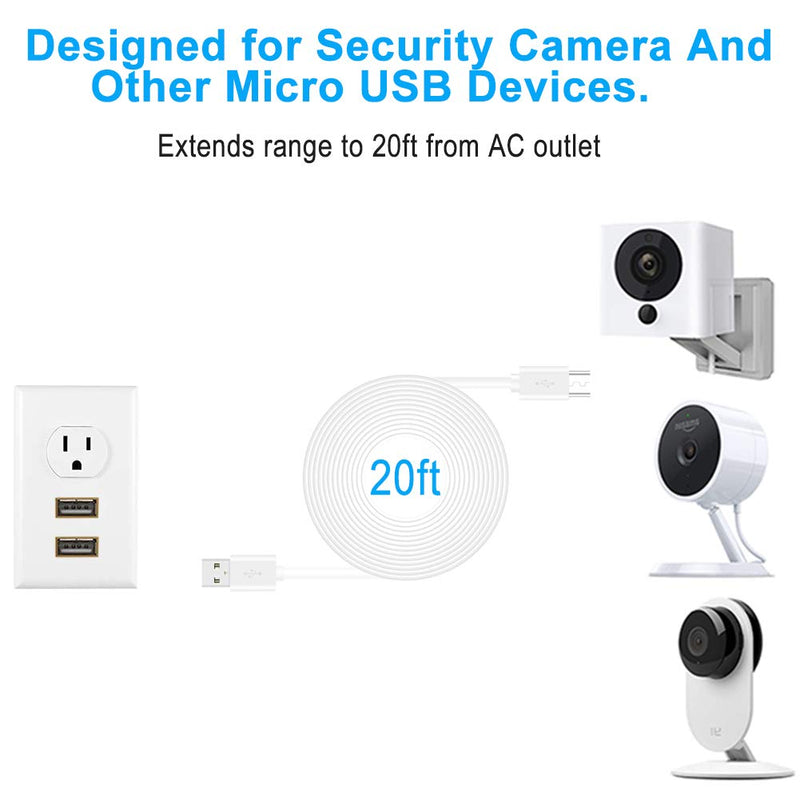 [Australia - AusPower] - 20FT Long USB Power Extension Cable for WyzeCam,WyzeCam Pan,YI Camera,NestCam Indoor,Netvue,KasaCam Indoor,Furbo Dog,Blink,Cloud Cam,USB to Micro USB Charging Charger Cord for Security Camera 