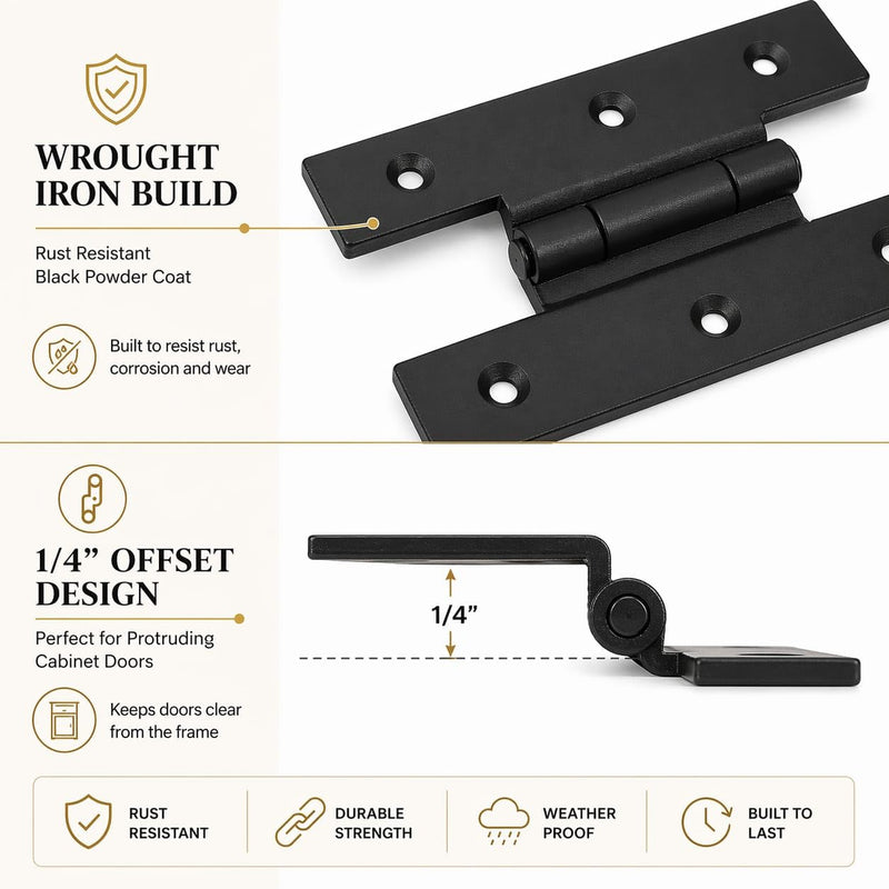 Renovators Supply Manufacturing Cabinet Hinge 3.5 in. Black Wrought Iron H Hinge with 1/4 in. Offset, Rust Resistant Hinge for Kitchen Cabinets with Hardware Pack of 2