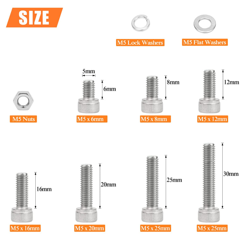 [Australia - AusPower] - 210 Pieces M5 x 6mm /8mm /12mm /16mm /20mm /25mm /30mm, Hex Socket Head Cap Screws Bolts Washers Nuts Kit, 304 Stainless Steel Socket Head Screws 