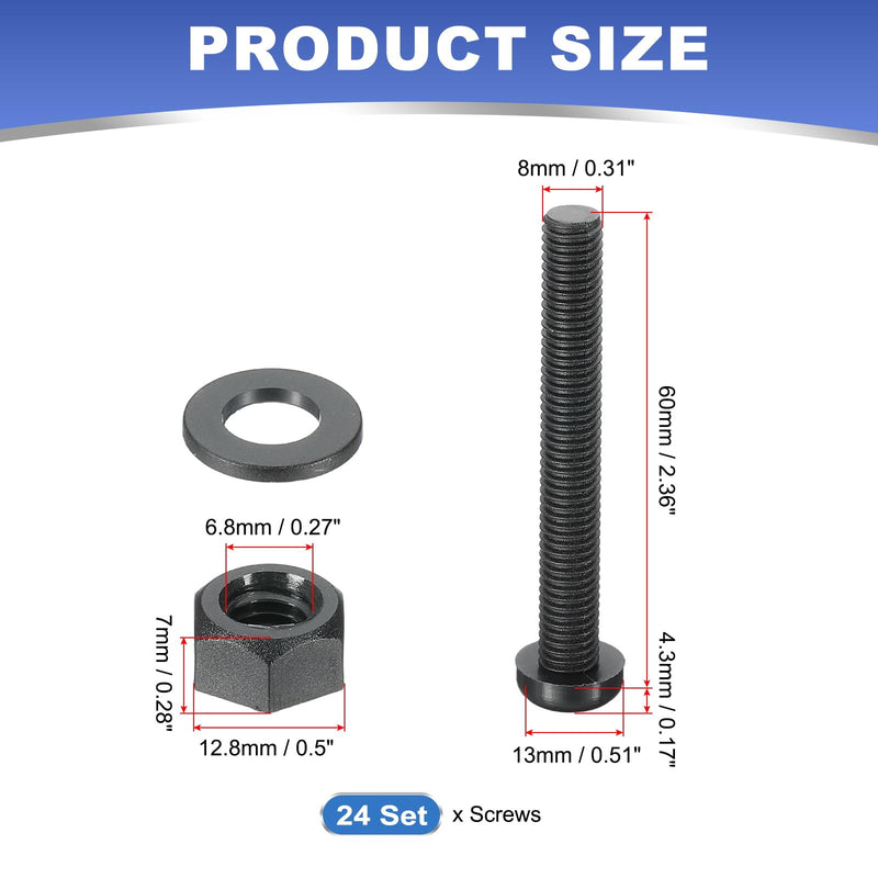 [Australia - AusPower] - PATIKIL M8x60mm Black Nylon Bolts Plastic Nuts Full Thread Head Screws, 24 Pcs M8*60mm 