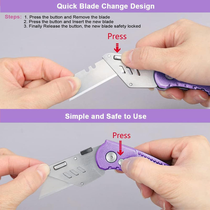[Australia - AusPower] - Vickay Folding Utility Knife, Box Cutter with 5 SK5 Quick Change Blades, Safety Axis Lock Design Razor Knife, Lightweight Aluminum Handle Belt Clip for Office Home Artcraft （Light Purple) Light Purple 