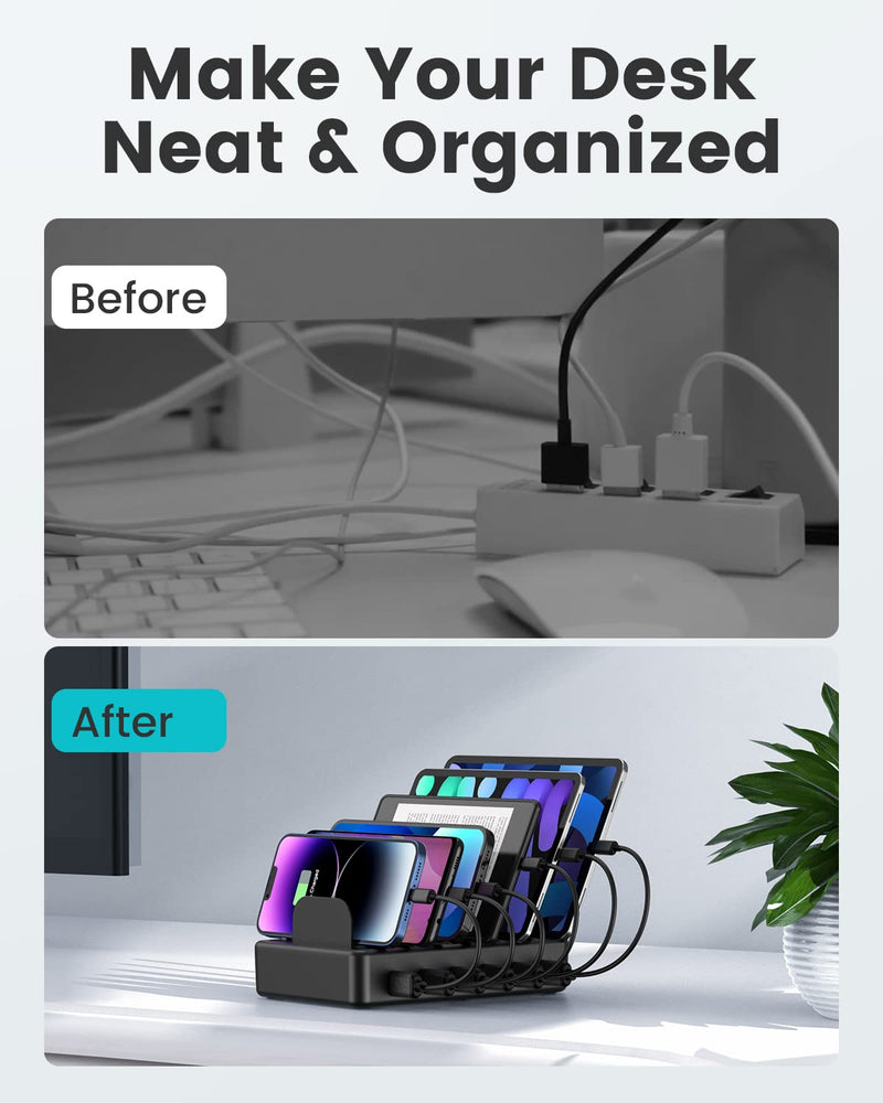 [Australia - AusPower] - CREATIVE DESIGN Charging Station, 50W 6 Ports Multi Charger Station with 6 Charging Cables, USB Charging Dock for Multiple Devices, Compatible with Cellphone iPad Kindle Tablet and Other Electronic Black 