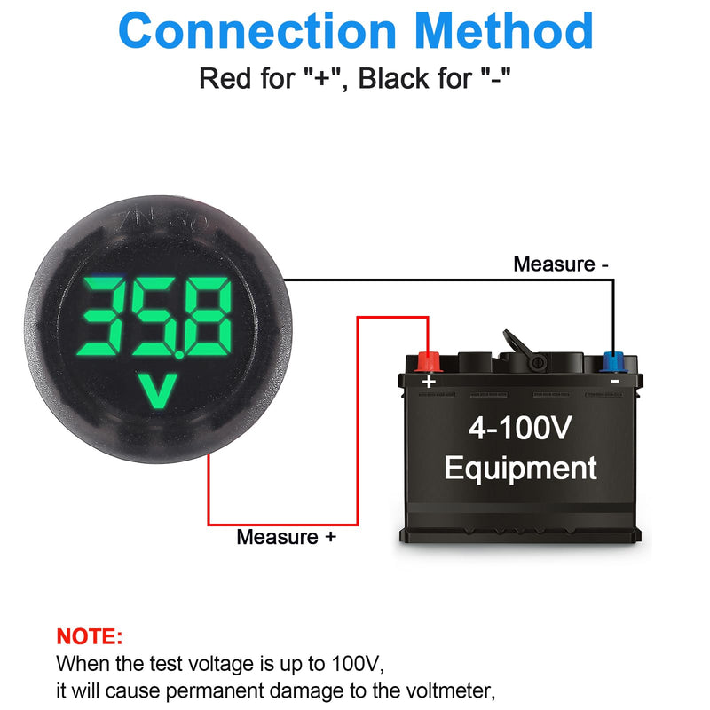 [Australia - AusPower] - 4PCS DC 12V 24V Car Voltmeter LED Digital Display Voltmeter 4-100V Waterproof Digital Round Panel Voltage Tester Gauge Meter for Boat Vehicle Motorcycle Truck ATV UTV (Green Light) Green 