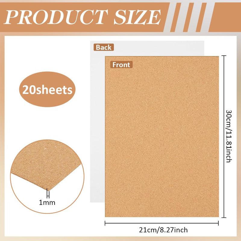 BENECREAT 20 Pack 11.81x8.23inch Self-Adhesive Cork Sheets, Natural Cork Board, Peel and Stick Cork Board for DIY Crafts Home Decor and Coasters Making 11.81x8.23x0.04Inch
