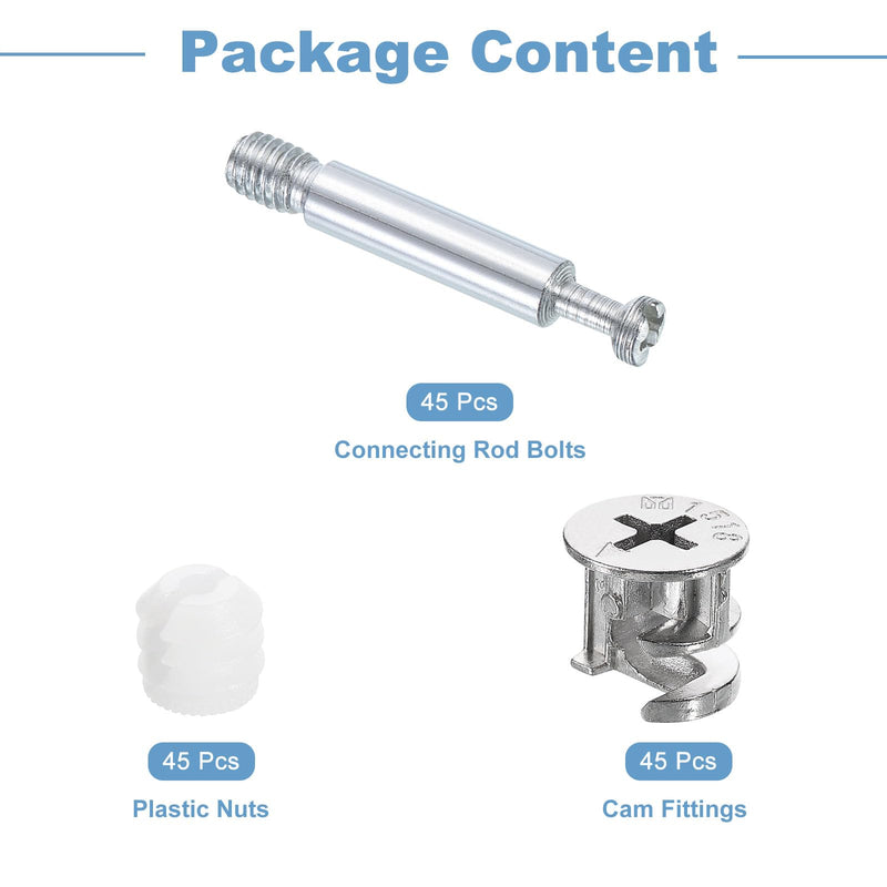 [Australia - AusPower] - uxcell 45Set 15x14mm Furniture Cam Lock Fitting with 5.8x40mm Dowel Fasteners, 3-in-1 Metal Furniture Board Connecting Screws Bolts Assortment Kit for Cabinets Chairs Drawer 5.8 x 40mm 45 