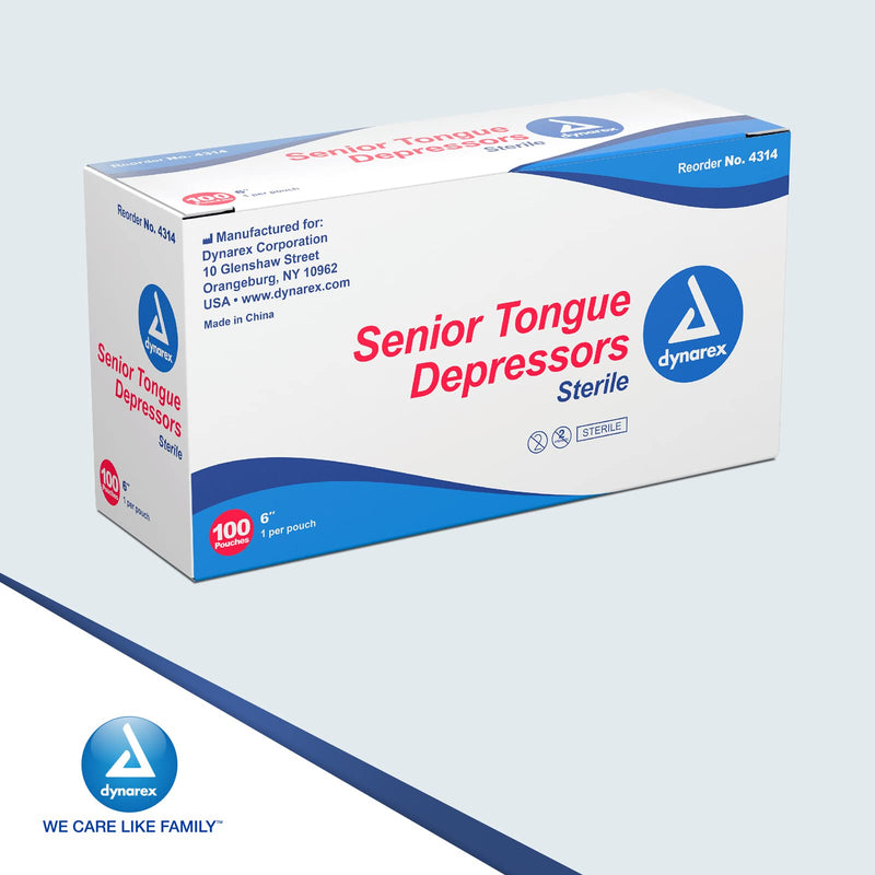 [Australia - AusPower] - Dynarex Tongue Depressors, Sterile, 6" Senior-Sized Length, Made from Beige Birch Wood, Comes in Peel-Down Patches, 1 Box of 100 100 Count (Pack of 1) 