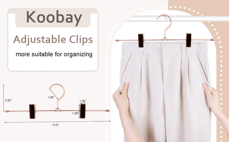 13.8" Rose Gold Pants Clothes Hangers, 10 Pack Trouser Hangers with Clips Metal Trouser Clip Hangers,Heavy Duty Metal Wire Adjustable Clips Bottom Trousers Legging Organizer