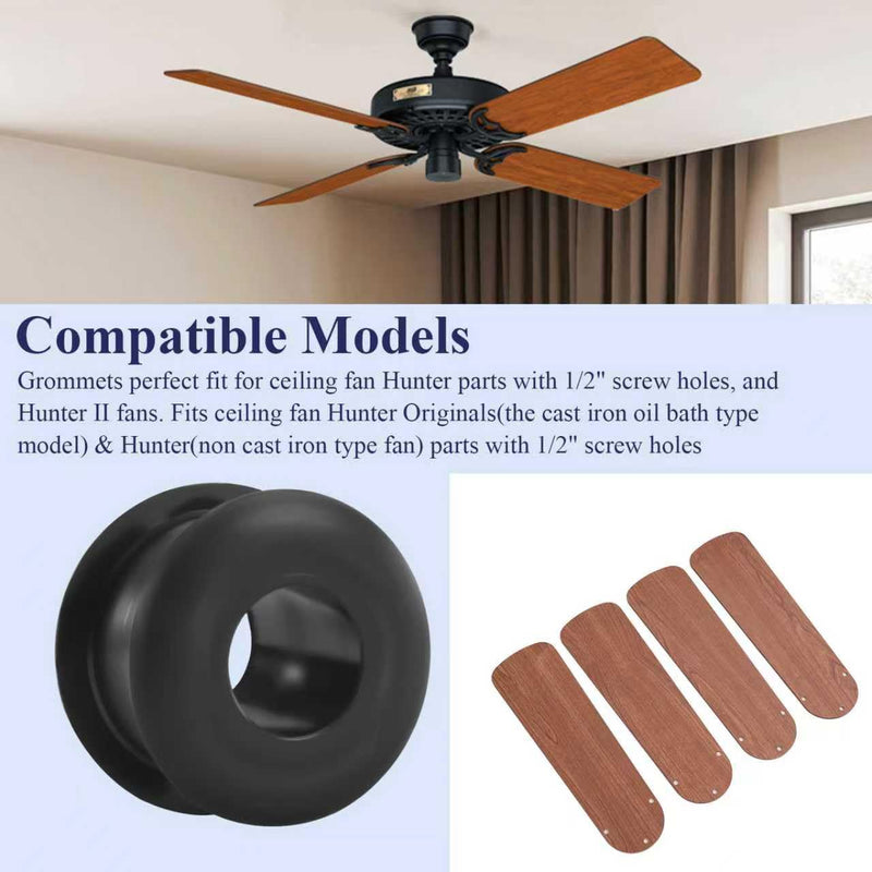 50 Pcs Antique/Vintage/Discontinued Rubber Grommets Fit for Hunter Ceiling Fans, Ceiling Fan Blade Replacement Rubber Grommets, Ceiling Fan Washers/Bushings fits Hunter Fan Blade Grommets Spare Kit 50 Pcs Black