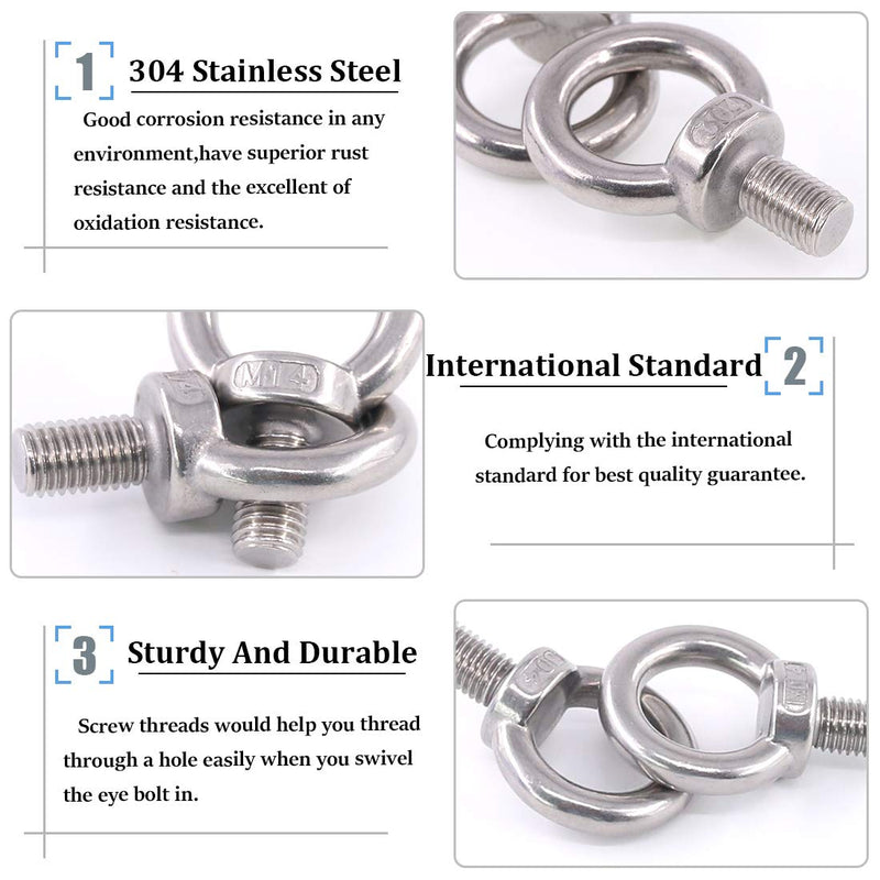 [Australia - AusPower] - Glarks 8Pcs M14 Heavy Duty Screw Bolt, 304 Stainless Steel Male Thread Machinery Shoulder Lifting Ring Eye Bolt with Lock Nuts/Lock Washers/Flat Washers Set 