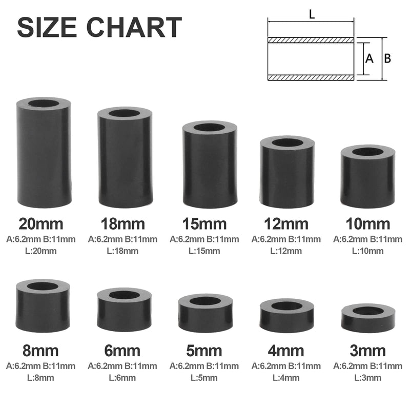 [Australia - AusPower] - Black ABS Round Washers ID 6.2mm,OD 11mm, 3mm 4mm 5mm 6mm 8mm 10mm 15mm 18mm 20mm Length, Assortment Kit, Non-Threaded, Suitable for M6 Screws Hardware Spacer Bracket Black/6.2mm 