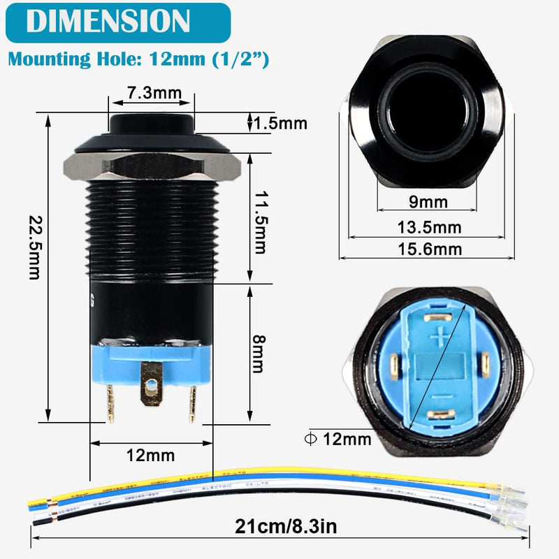[Australia - AusPower] - 2pcs 12mm Micro Metal Latching Push Button Switch Raised Head Waterproof Anti-Vandal Self-Locking Black Shell with Wires for 1/2" Mounting Hole 12V-24V ON Off 4-Pin 1NO Halo Ring LED Light Red 