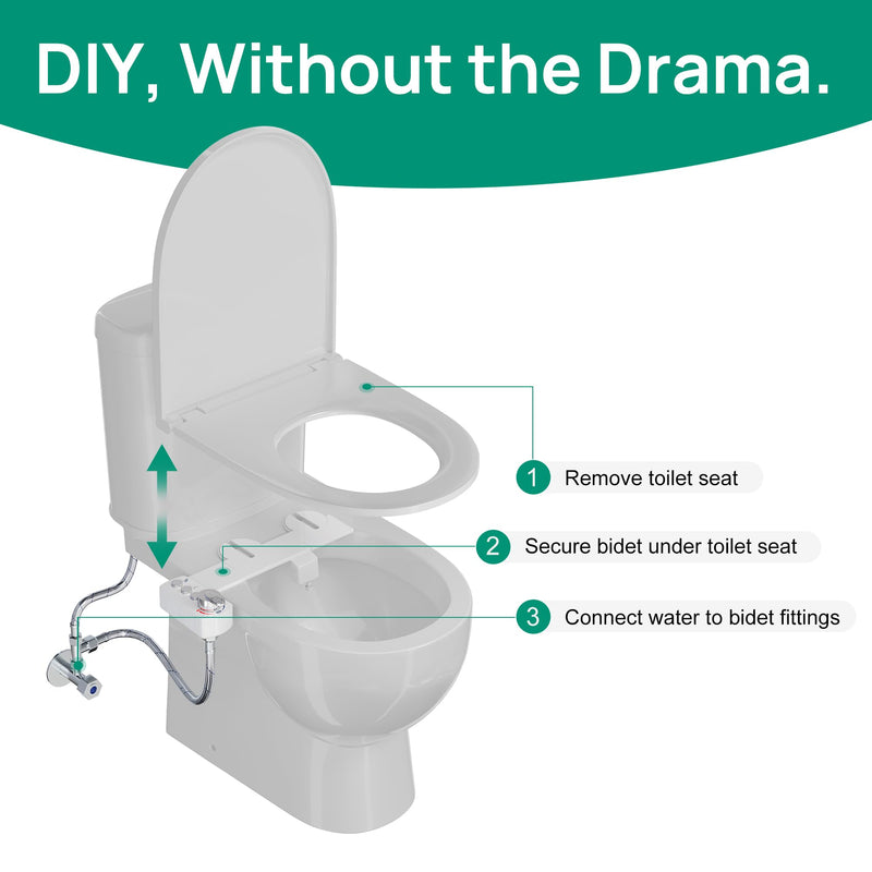 hansrapo Bidet Attachment Non-Electric, Dual Retractable Nozzles for Rear & Feminine Wash, Adjustable Water Pressure, Space-Saving Design for Small Bathrooms.