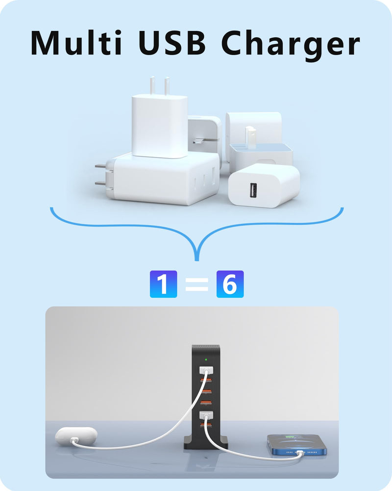 [Australia - AusPower] - USB Charger 6 Port 50W Multi USB Tower Charging Station for Multiple Devices iPhone 15/14/14 Pro/14 Pro Max/13 Pro/13 Pro Max/Android/Samsung/Tablet,etc(Black USB) black 50W 6A 