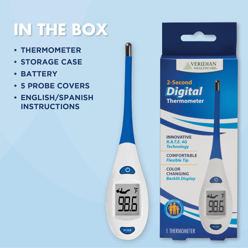 [Australia - AusPower] - Veridian Digital Thermometer | 2-Second Readout | Rate Rapid Read Technology| Flexible Tip | Hygienic Water-Resistant Easy Cleaning | Storage Case + Instructions Included 