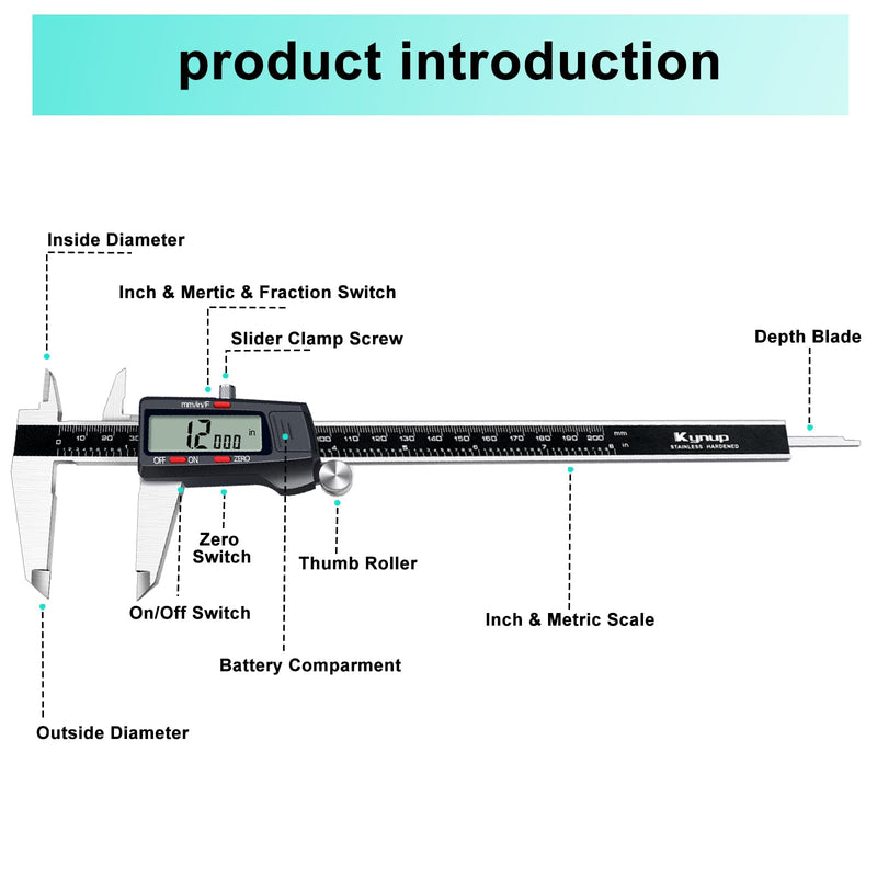 [Australia - AusPower] - Kynp Digital Caliper, 8 Inch Micrometer Caliper Tool, Vernier Caliper Gages with Stainless Steel Body, Large LCD Screen, Auto - Off Feature, Inch Metric Fraction Conversion (200mm) Black 8Inch 