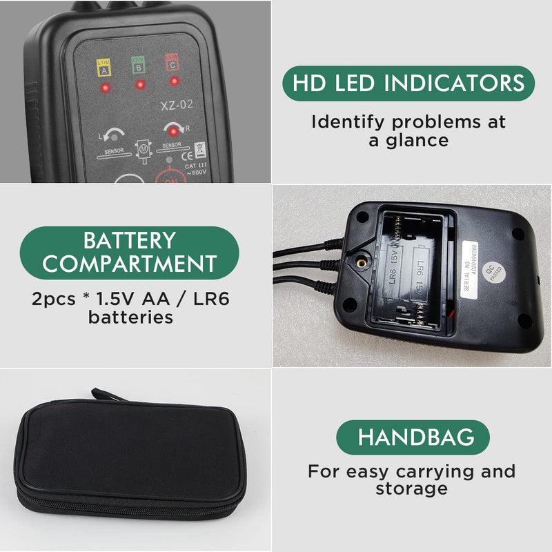 [Australia - AusPower] - Phase Rotation Meter Non-contact 3 Phase Rotation Meter AC 70~600V Phase Sequence Rotation Tester High Magnetic Induction Rotation Meter Auto Power Off Phase Meter with LED, 20-inch Clamp Lead,Handbag XZ-02 