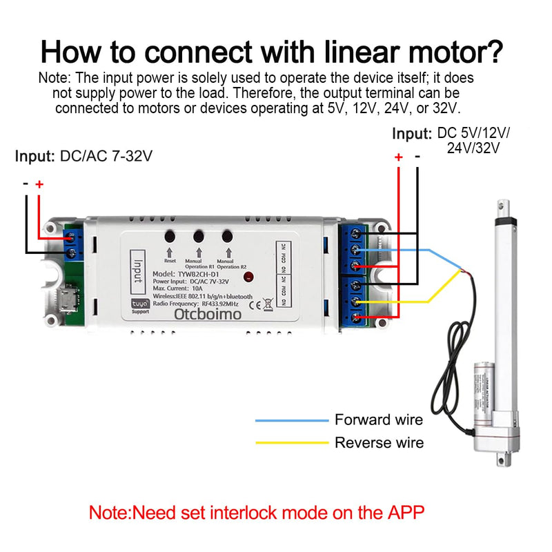 WiFi Smart Linear Actuator Motor Controller, Forward and Reverse Relay, DIY Switch for Smart Home Automation, Tuya APP / RF433Mhz 328FT Remote Control, Timer, (DC5V 12V 24V 32V)
