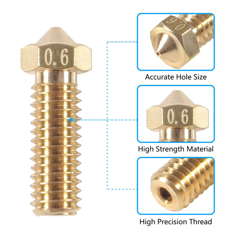 12Pcs 0.6mm Brass Volcano Nozzle M6 3D Printer Thread Nozzles 0.6mm Extra Extruder Nozzles Volcano Hotend Nozzle for 1.75mm Filament 3D Printer Parts 12pcs 0.6mm