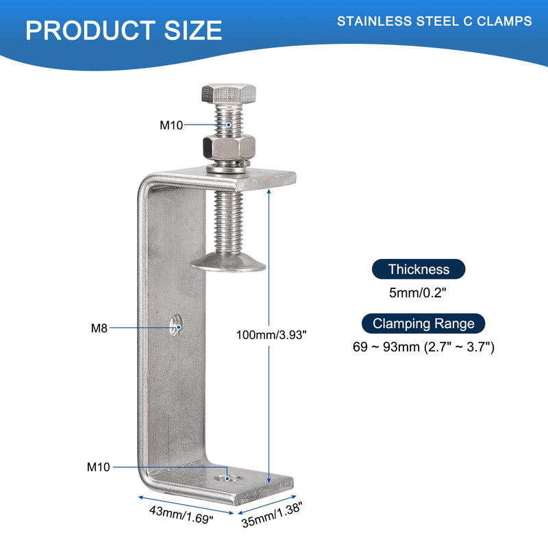 [Australia - AusPower] - 4 Pack 304 Stainless Steel C Clamps with 75mm/2.95" Stable Wide Jaw Opening Tiger Clamp for Woodworking Welding Construction Household Mount 75mm/2.95" 