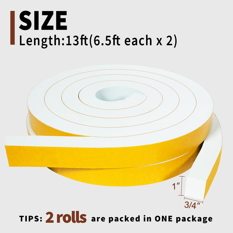 Yotache White High Density Foam Tape 1" x3/4" for Windows Air Conditioner Insulation Seal, Weatherstrip, AntiVibration, Shockproof Protection, Total 13 Ft (2 X 6.5 Ft Each) 1"x3/4"x13 FT