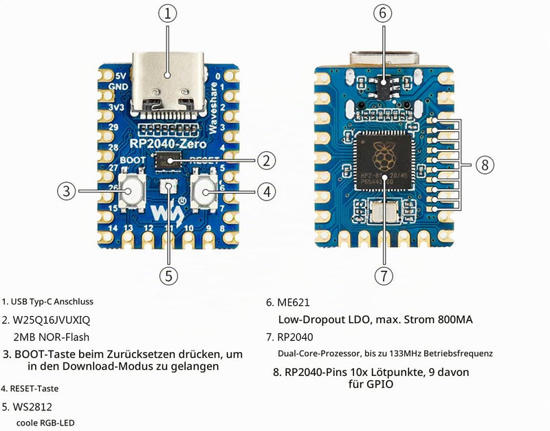 Waveshare RP2040-Zero Board with Pin Header, Based on Raspberry Pi MCU RP2040, Dual-Core Arm Cortex M0+ Processor, Flexible Clock with up to 133 MHz, Onboard 2 MB Flash, USB-C Connection RP2040-Zero with Pinheader