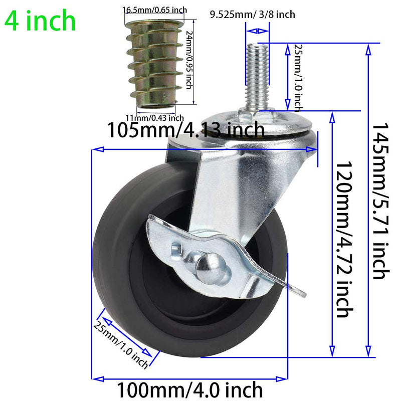 [Australia - AusPower] - DICASAL Stem Casters with Imperial 3/8-16x25mm Stem Thread Heavy Duty and Highly-Elastic TPR Wheels Mute Castors with Side Brakes Pack of 4 (4 Inch) 4 inch 3/8*1" Grey TPR 