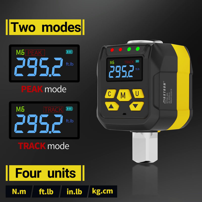 [Australia - AusPower] - 1/2" Digital Torque Adapter Set with Socket Adapters (1/4", 3/8") for Ratchet Wrench, Breaker Bar - 15-295 ft-lb, ±2% Accuracy, Color LCD, Buzzer & LED Alerts - Automotive, Motorcycle & Car 15-295 ft-lb (20-400 Nm) 