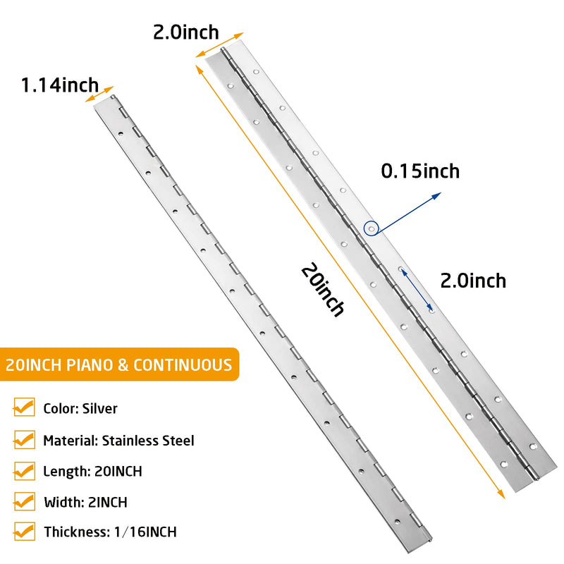 [Australia - AusPower] - 2 Piece 2" x 20" Stainless Steel Piano Hinge, 0.060" / 1/16" Thick Heavy Duty With Holes, Silver Continuous Hinges for Wood Furniture Mailbox Tool/Storage Boxes Cabinets Door 20 Inch 
