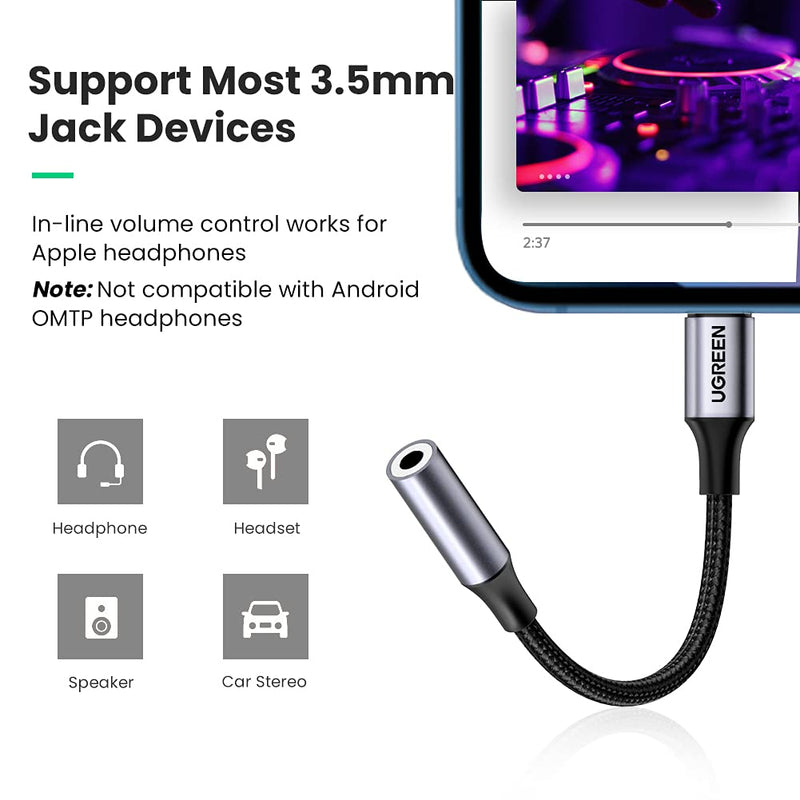 [Australia - AusPower] - UGREEN Headphone Adapter Lightning to 3.5mm Adapter Apple MFi Certified Aux Audio Jack Dongle Compatible with iPhone 14 Pro Max/14 Plus/13 12 Pro Max/SE/11 Pro Max/XS, Grey 