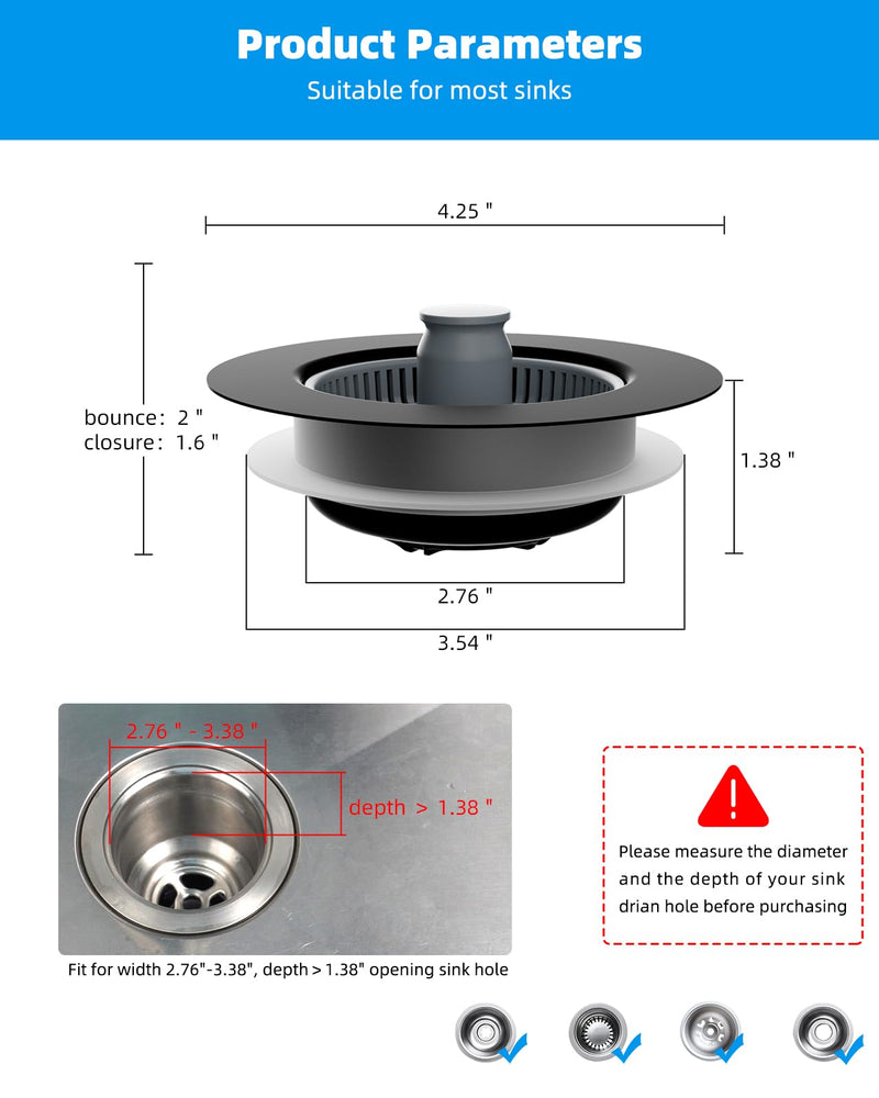 Hibbent 2 Pack 3 in 1 Kitchen Sink Drain Strainer and Stopper Combo, Stainless Steel Metal Pop Up Sink Stopper, Anti-Clogging Basket Strainer with Handle for US Standard 3-1/2 Inch Drain, Black Matte Black