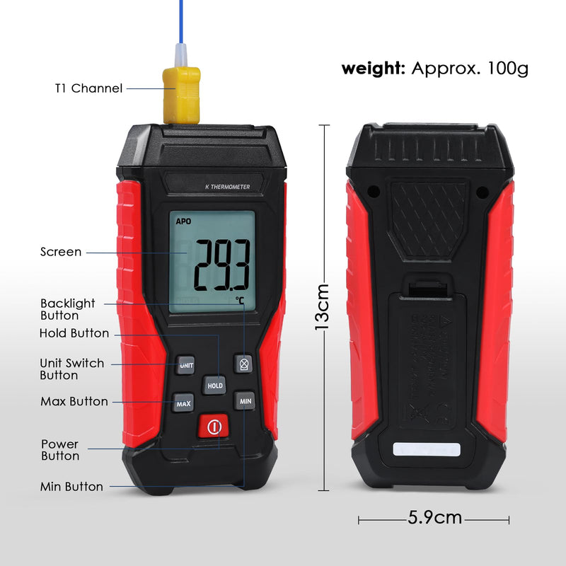 [Australia - AusPower] - Thermocouple Thermometer Digital K Type Thermometer, Single Channel Thermocouple Tester(-328~2501℉) with 1 Temperature Clamp and 1 Wired Thermocouple Probes LCD Display Temperature Tester for K Type 