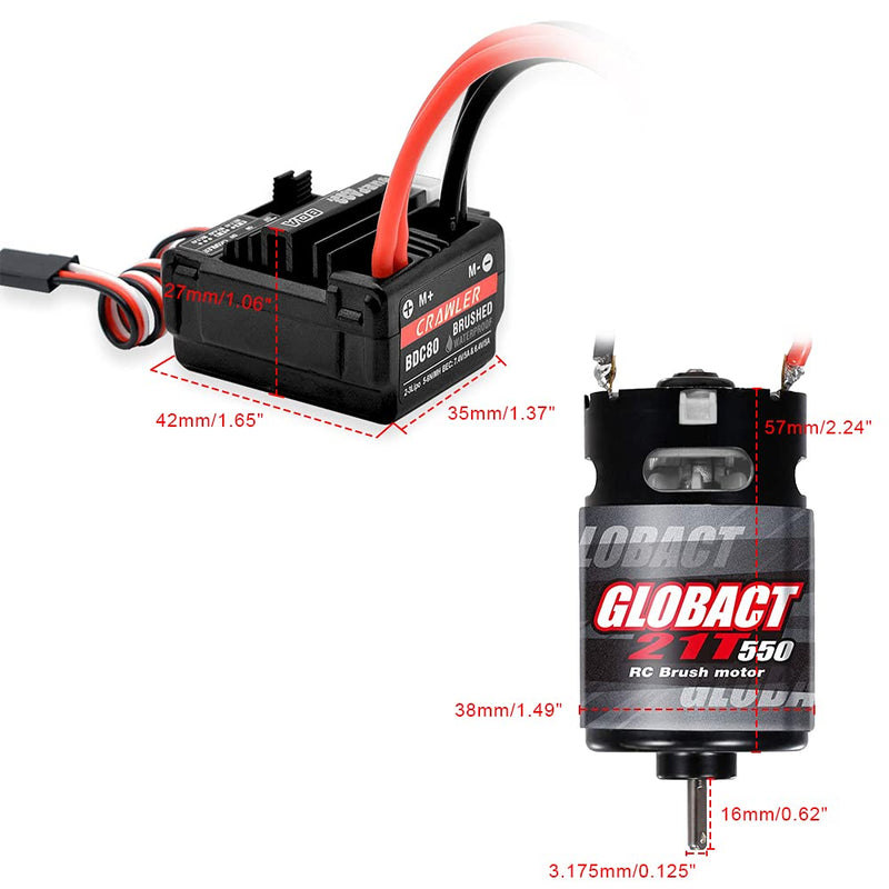 GLOBACT 21T 550 Brushed Motor and 80A ESC Brushed Motor ESC Combo BEC 5A 7.4V/6.4V for 1/10 RC Crawler Car Trx4 Trx6 Axial SCX10 II III Redcat Gen7 Gen8 V2 RC4WD D90 (T Plug) T Plug 256