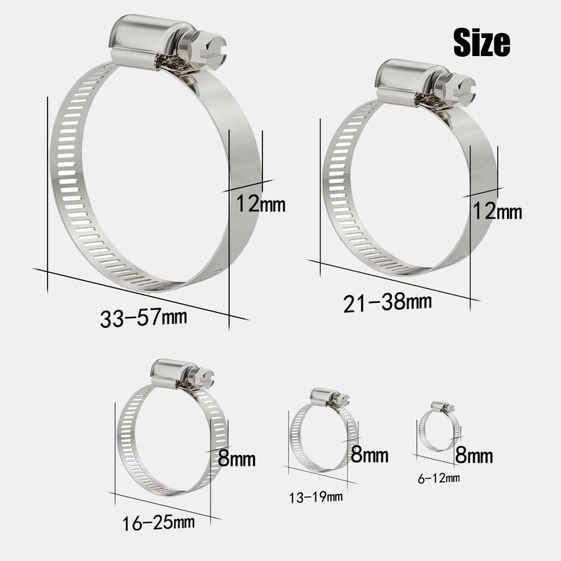 [Australia - AusPower] - Stainless Steel Hose Clamps Assortment Kit, 25 Pieces Worm Gear Hose Clamp Adjustable 1/4 to 2-1/4in(6-57mm), Fuel Line Clamp for Plumbing, Automotive And Mechanical Applications 