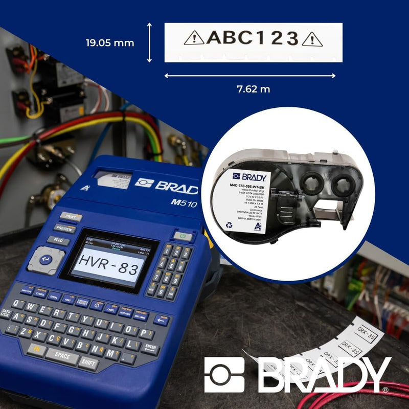 Brady Authentic (M4C-750-595-WT-BK) All-Weather Vinyl Labels 0.75 in W x 25ft Black on White. for use with BMP41, BMP51, M410, M510, and M511 Label Printers.